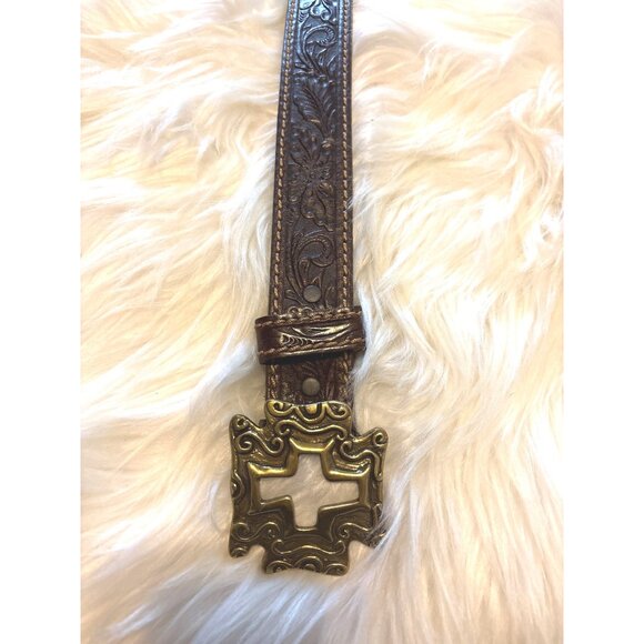 Tony Lama 34L Tooled Leather Belt With Cross Cutout Brass Buckle Made In USA - Picture 8 of 9